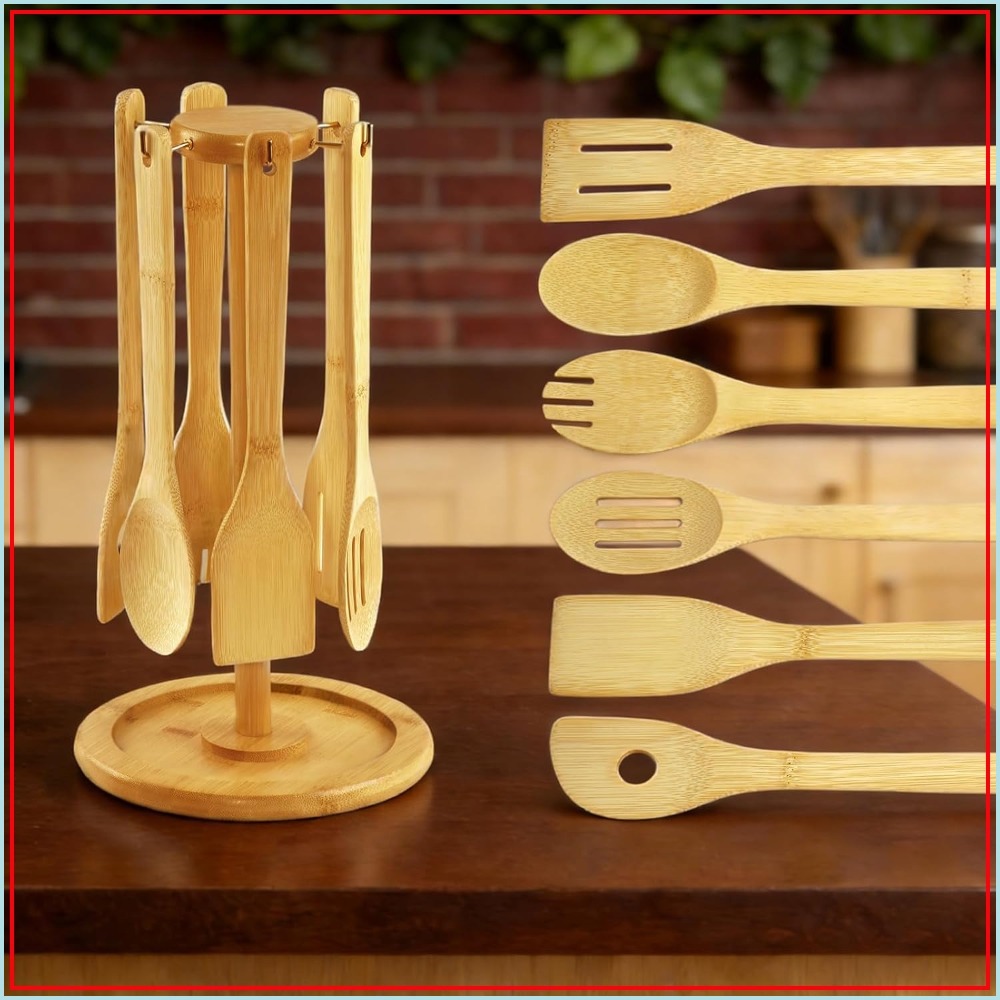 Kitchen Utensil Holder - 7 Piece Bamboo Kitchen Utensils Set