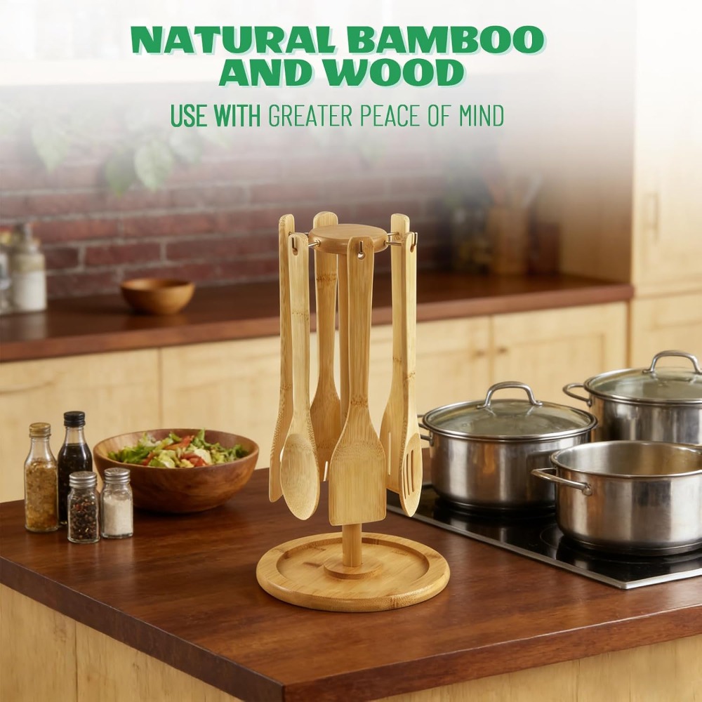 7 Piece Bamboo Kitchen Utensil - Kitchen Utensil Holder บทวิจารณ์และราคา