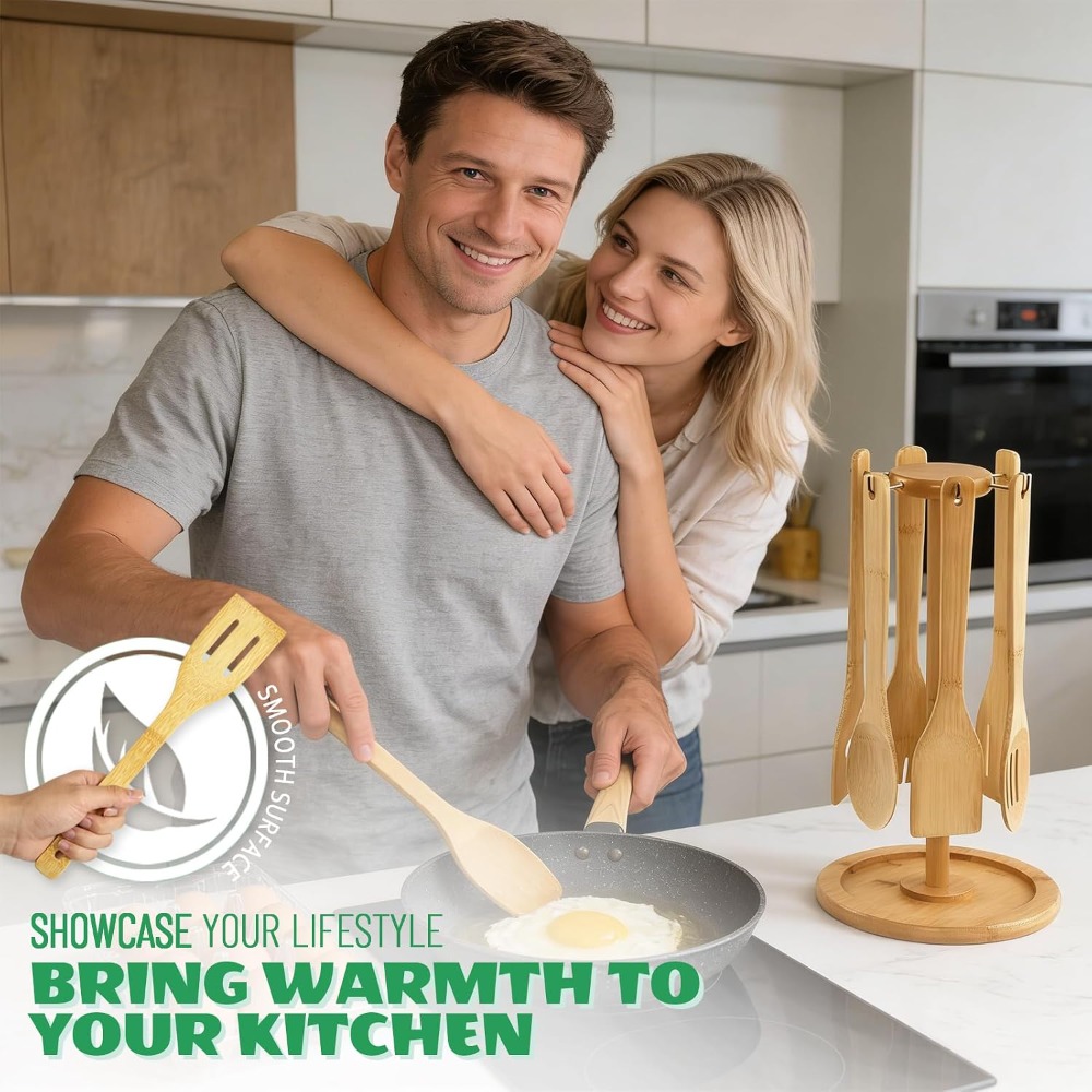 7 Piece Bamboo Kitchen Utensil - Kitchen Utensil Holder บทวิจารณ์และราคา